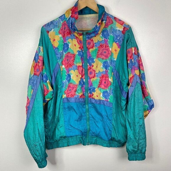 Vintage Full Zip Windbreaker Jacket Floral Print Bright Lightly Lined L - Picture 1 of 5